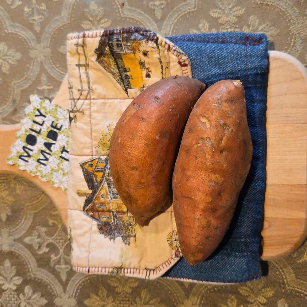 HAND CRAFTED Potato Pouch Microwave UPCYCLE Blue Denim Cotton Farmhouse 8.5 Inch